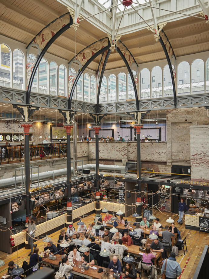 A view across a large food hall.