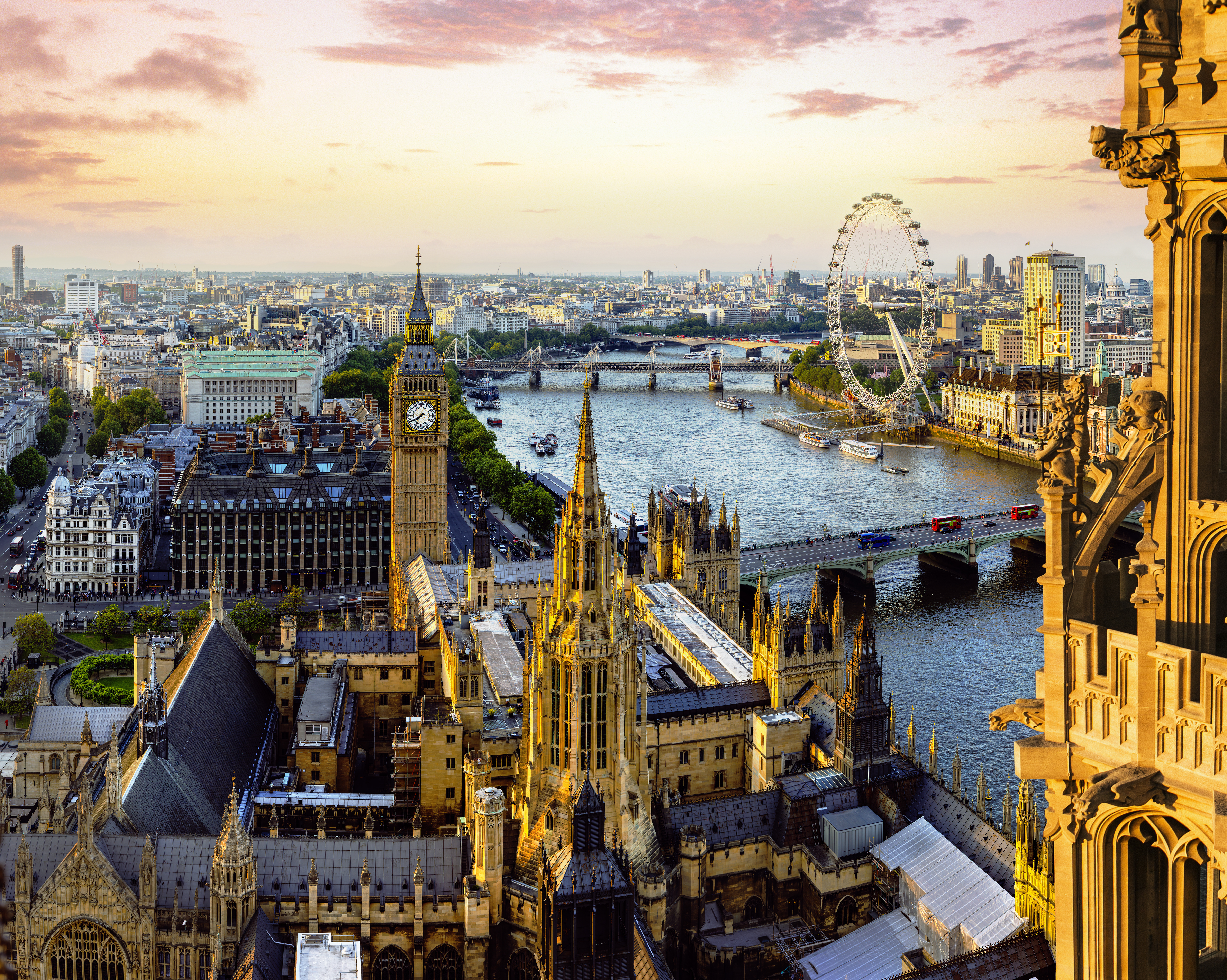 Panoramic view along the river thames including central London landmarks