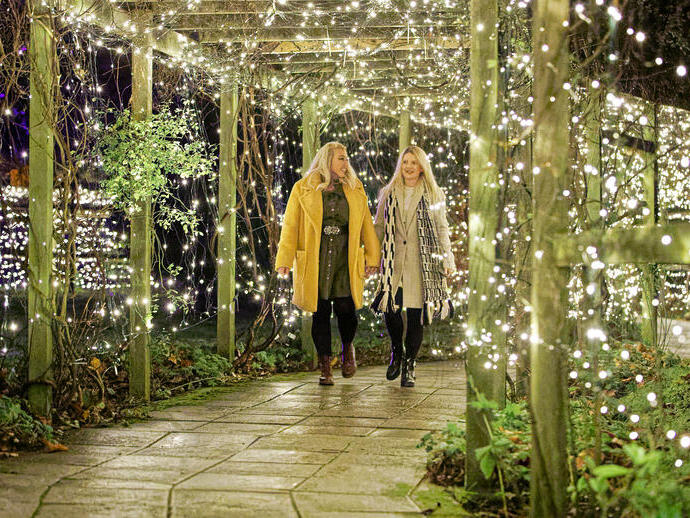 Two women walking together through a lit walkway covered in plants.