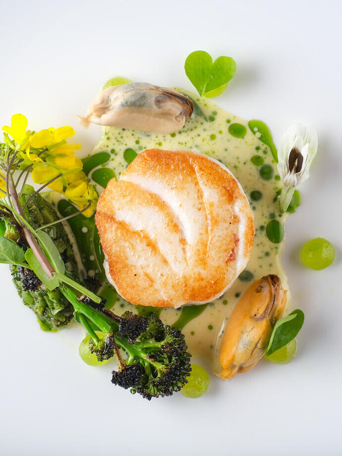 An overhead shot of a plate of food from the Allium at Askham Hall, Cumbria. 