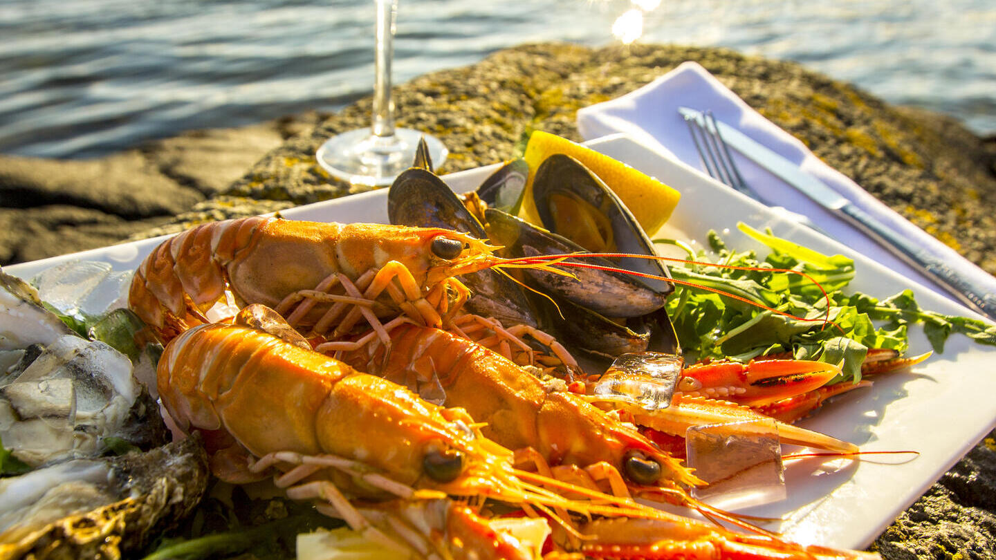 Auswahl an Meeresfrüchten auf einem Teller mit einem Glas Wein am Wasser
