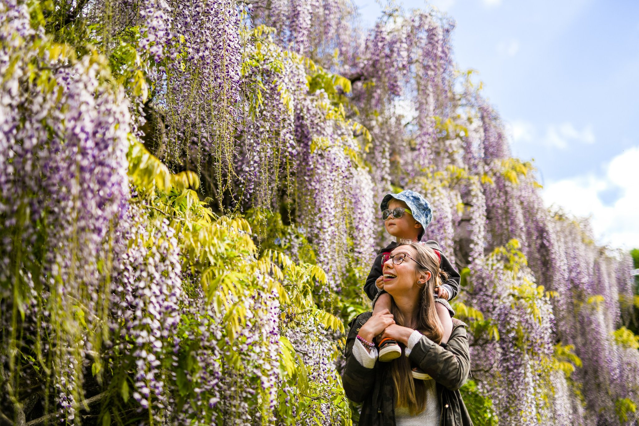 Woman and child looking at tree blossom