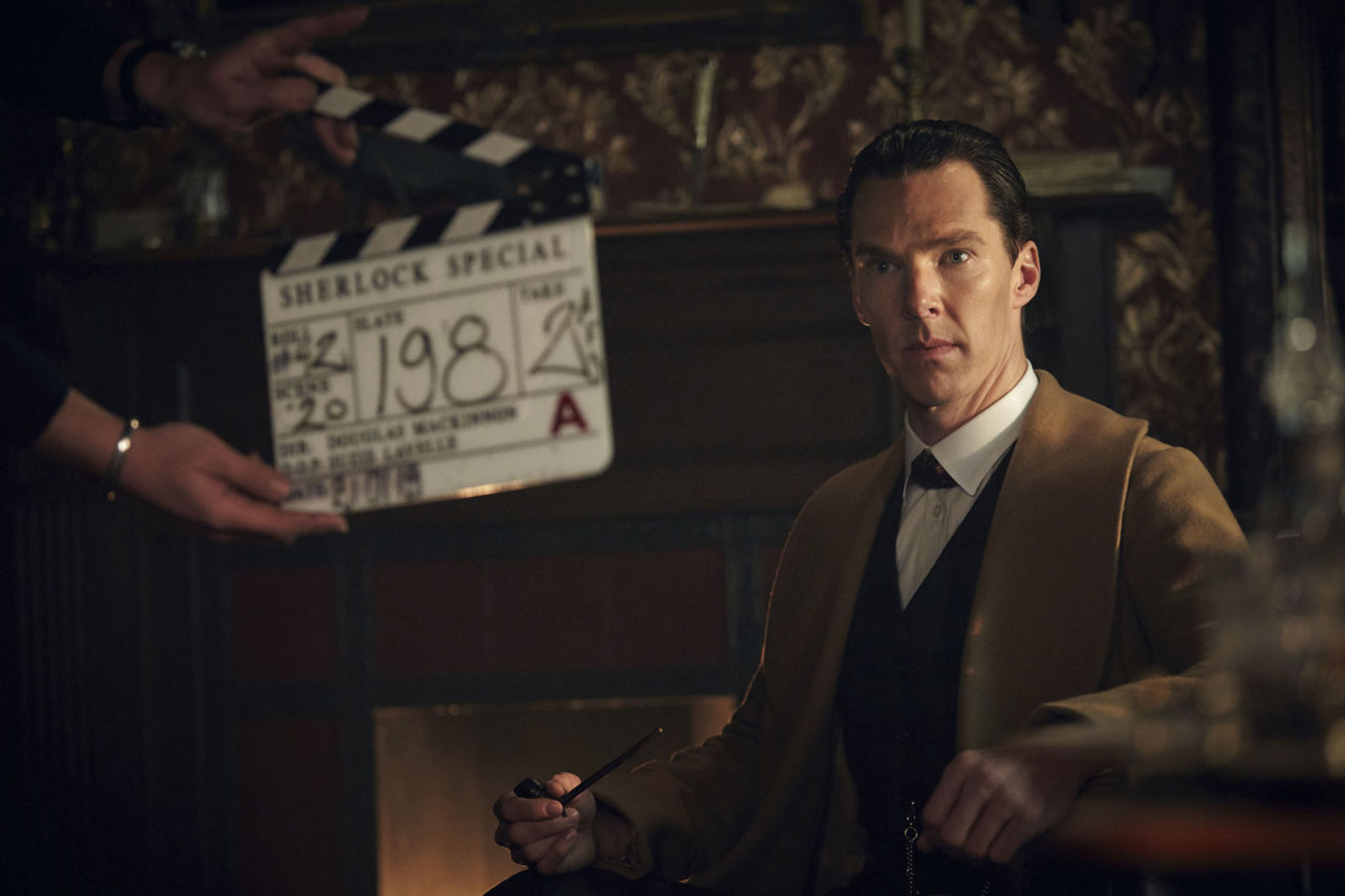 Benedict Cumberbatch on set in Bristol as Sherlock Holmes for the BBC's Sherlock