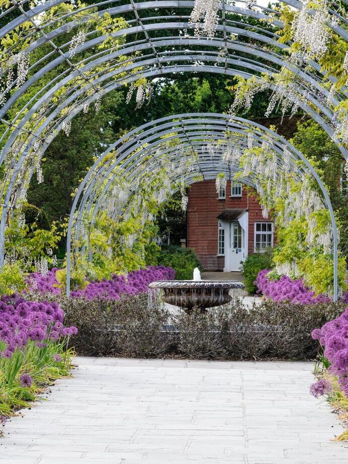 View down a wisteria walkway and to a large urn fountain