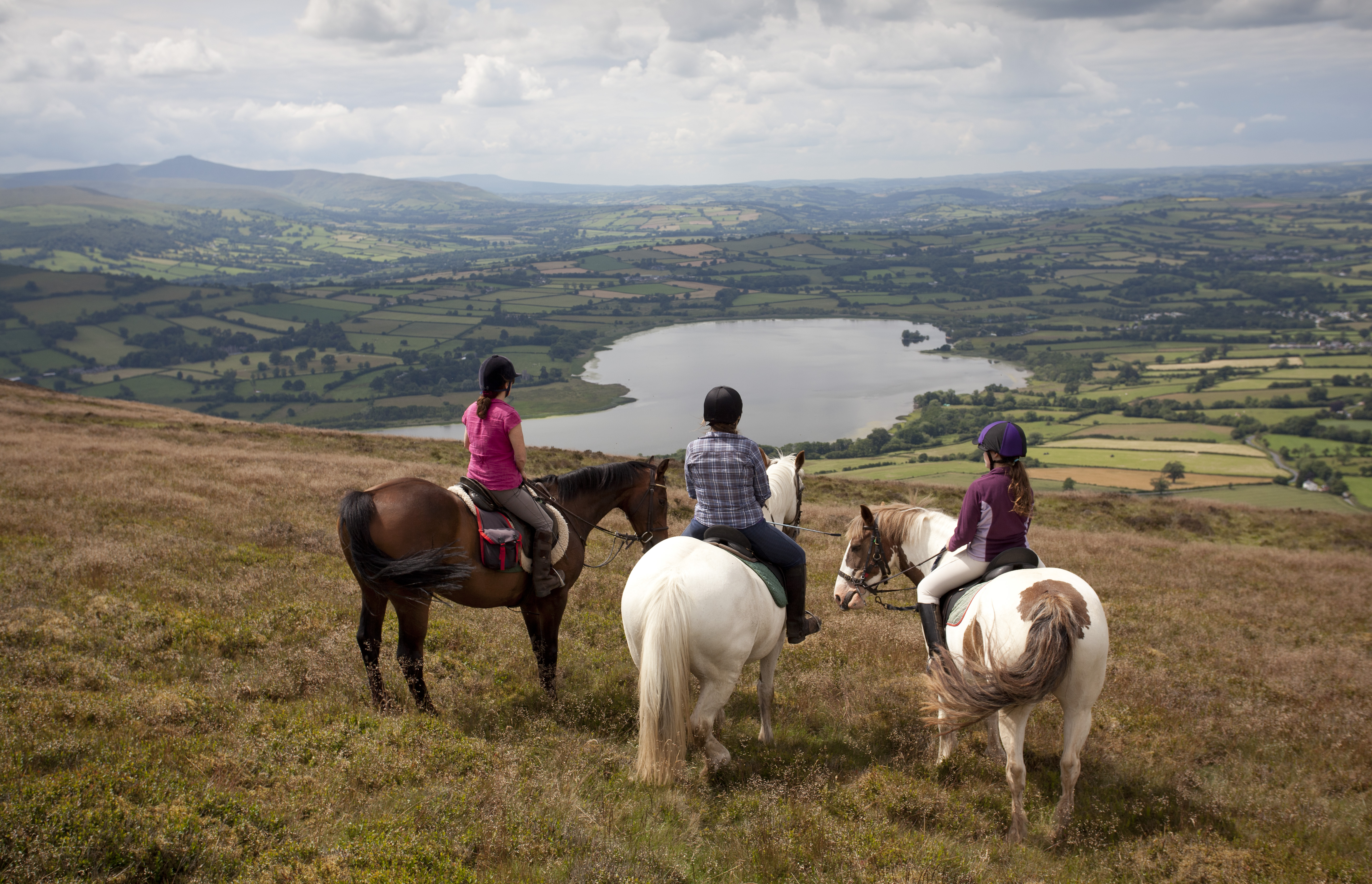 Un groupe de cavaliers sur une colline surplombant des terres agricoles et un lac.