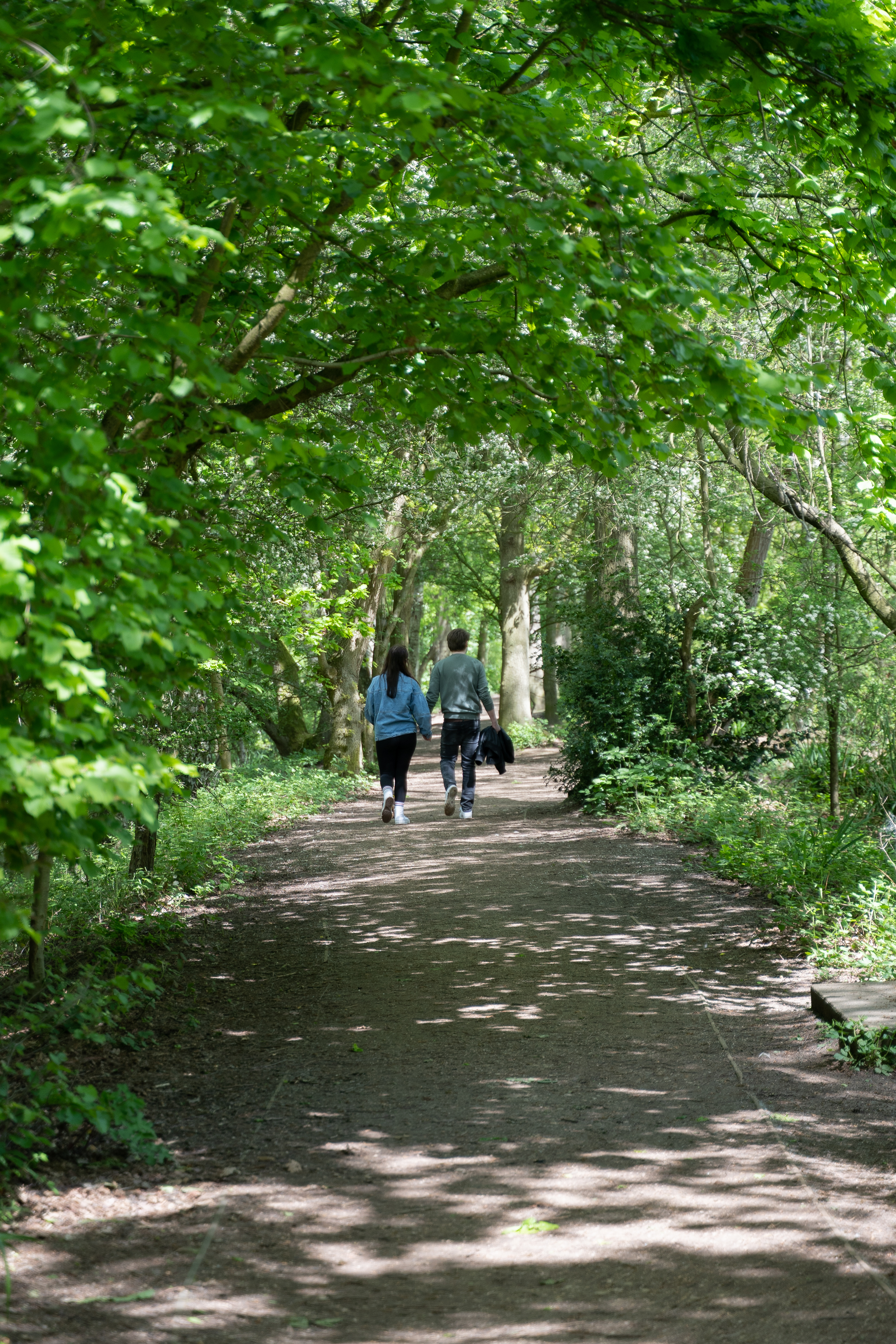 Ein Paar spaziert auf einem von Bäumen gesäumten Weg im Hartsholme Country Park in Lincoln