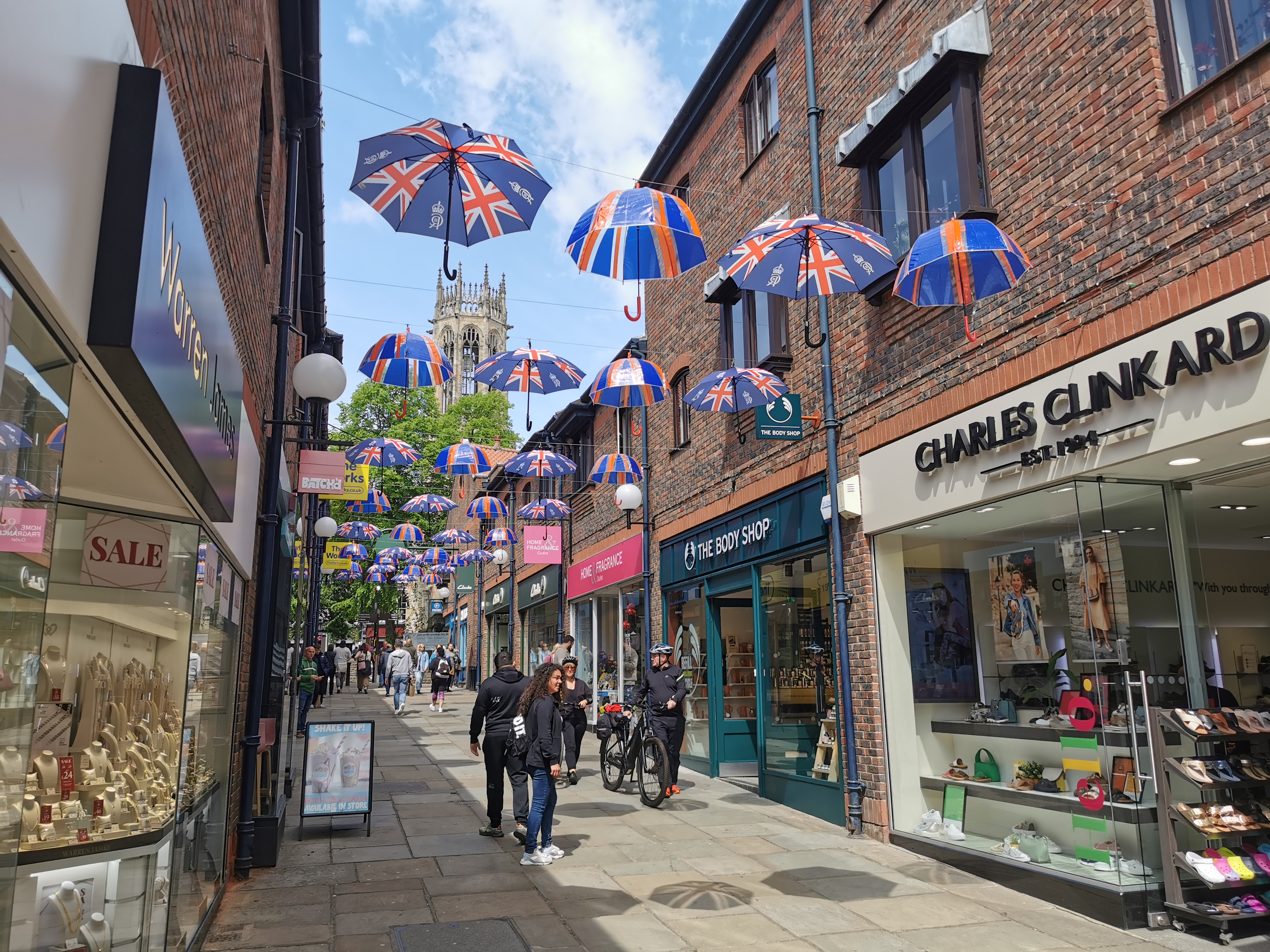 Shopping streets decorated with umbrellas in York