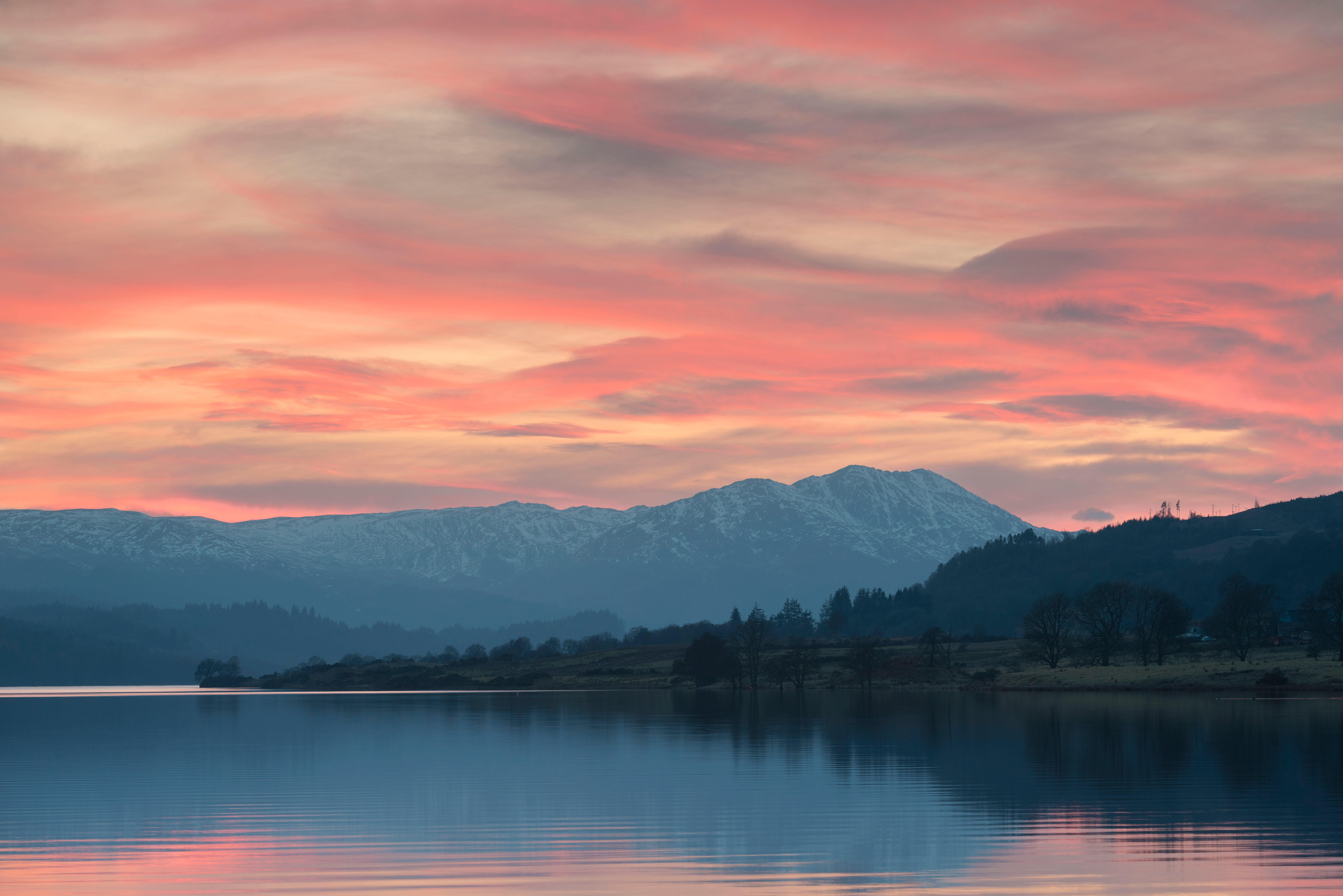 The sun sets behind Ben Venue at the Western End of Loch Venachar