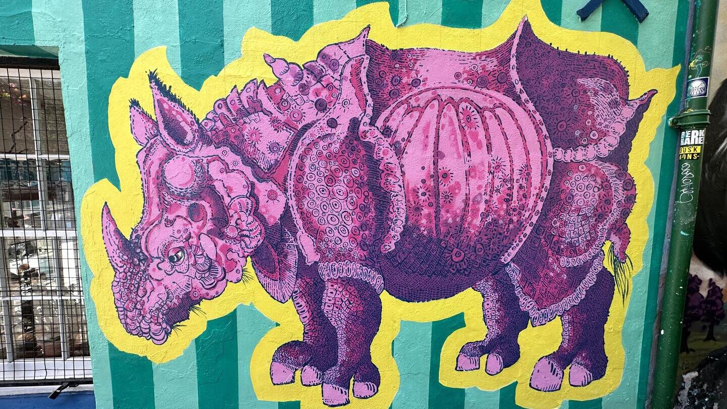 Art urbain représentant un rhinocéros rose