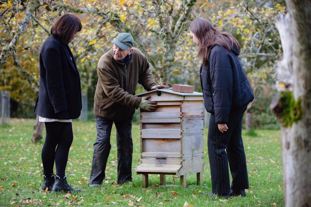 Three people looking at beehive in a garden