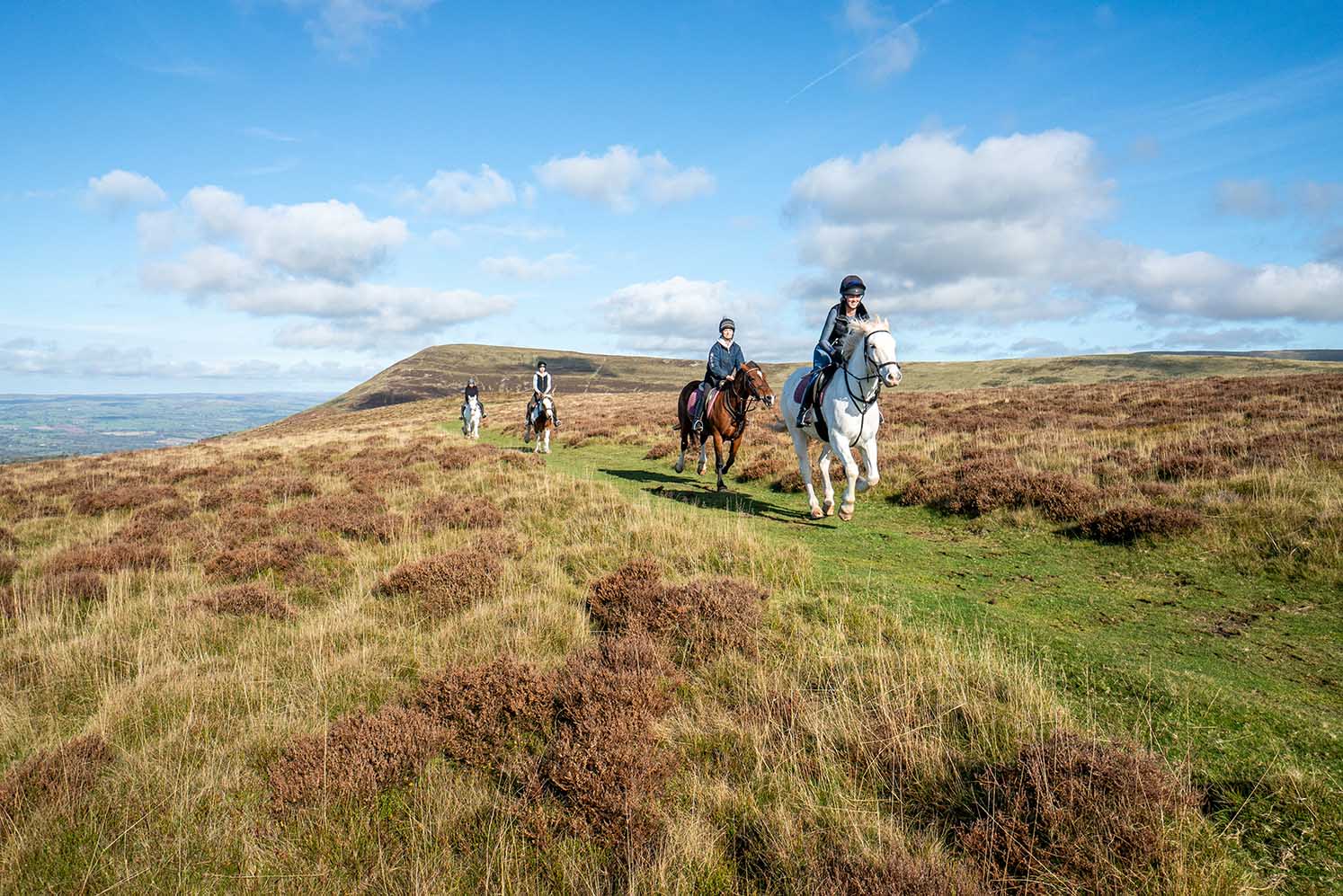Menschen reiten auf Pferden über grasbewachsene Hügel unter blauem Himmel mit Wolken.