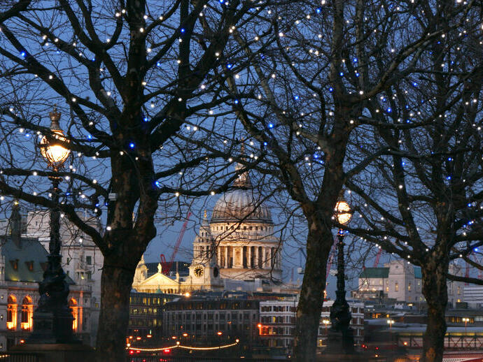 Silhouette nocturne de la ville avec une cathédrale à coupole et d'autres bâtiments éclairés dans les arbres