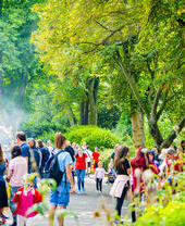 People browsing food stalls in Leicester's Castle Gardens