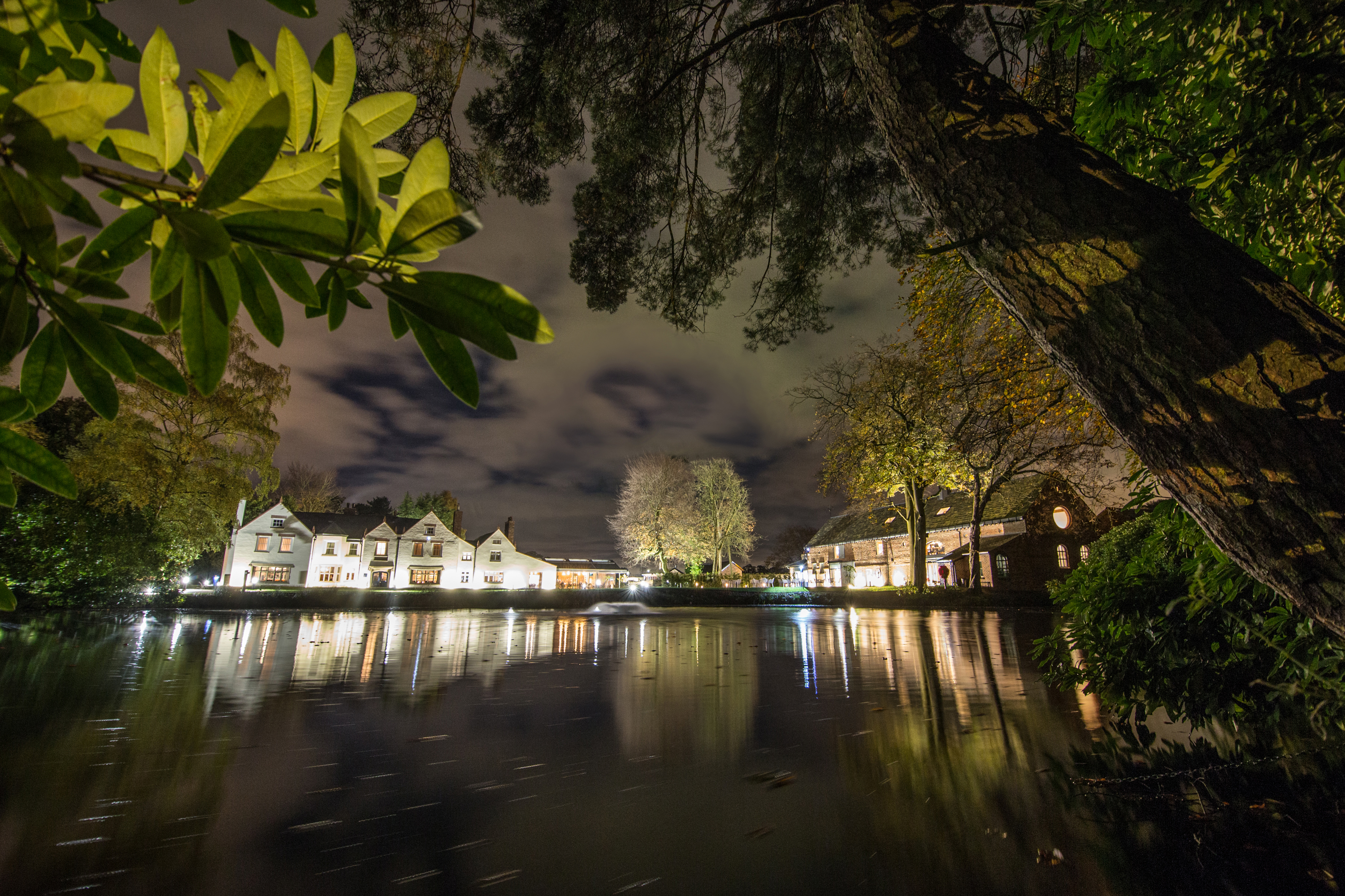 A nighttime exterior shot of Moor Hall in Lancashire