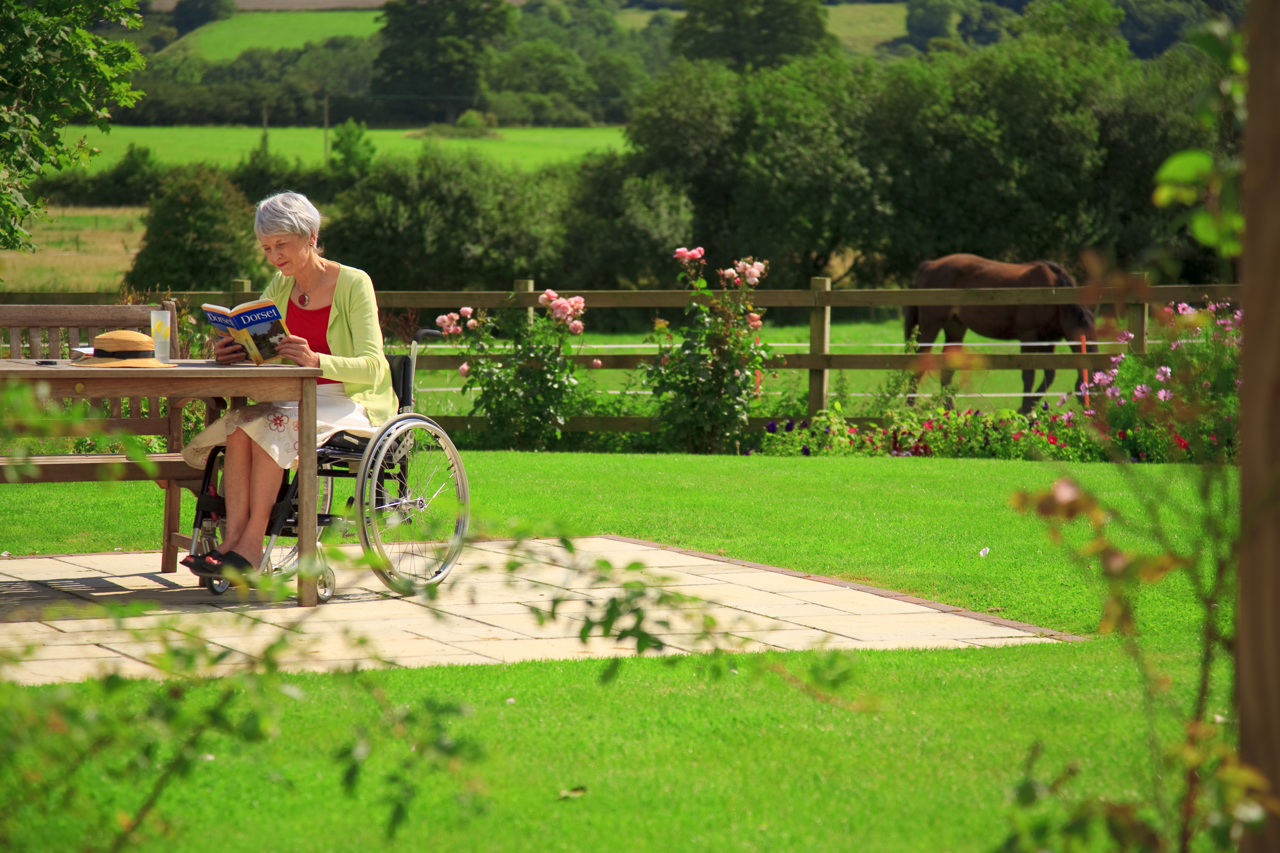 Woman in a wheelchair in the garden, reading