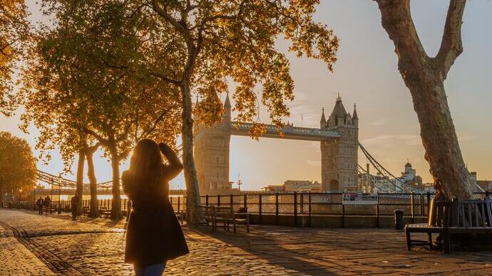 Woman standing, looking through some trees to a bridge in the evening light