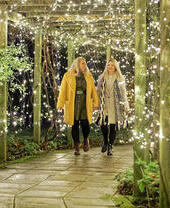 Two women walking together through a lit walkway covered in plants.