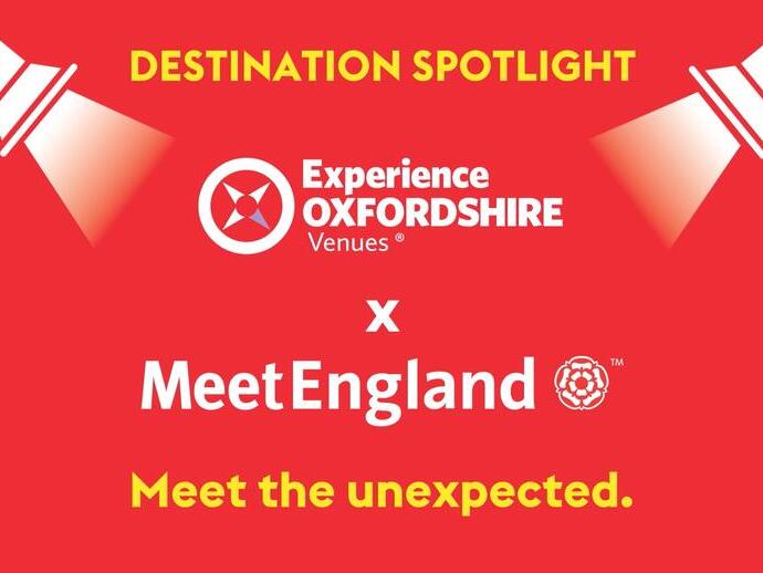 Red graphic with spotlights highlighting 'Experience Oxfordshire Venues x MeetEngland' and the phrase 'Meet the unexpected.'