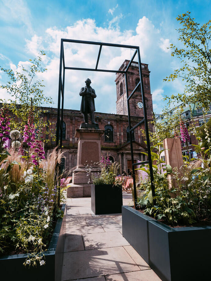 Flower displays set up in Manchester's city centre for the Manchester Flower Festival