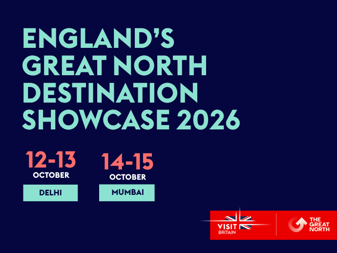 Promotional poster for England’s Great North Destination Showcase 2026 in Delhi and Mumbai, with event dates and logos.