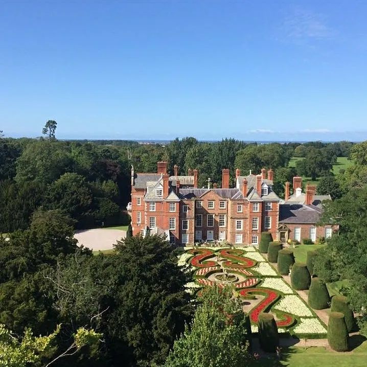 Aerial view of Bodrhyddan Hall and gardens, Denbighshire, Wales
