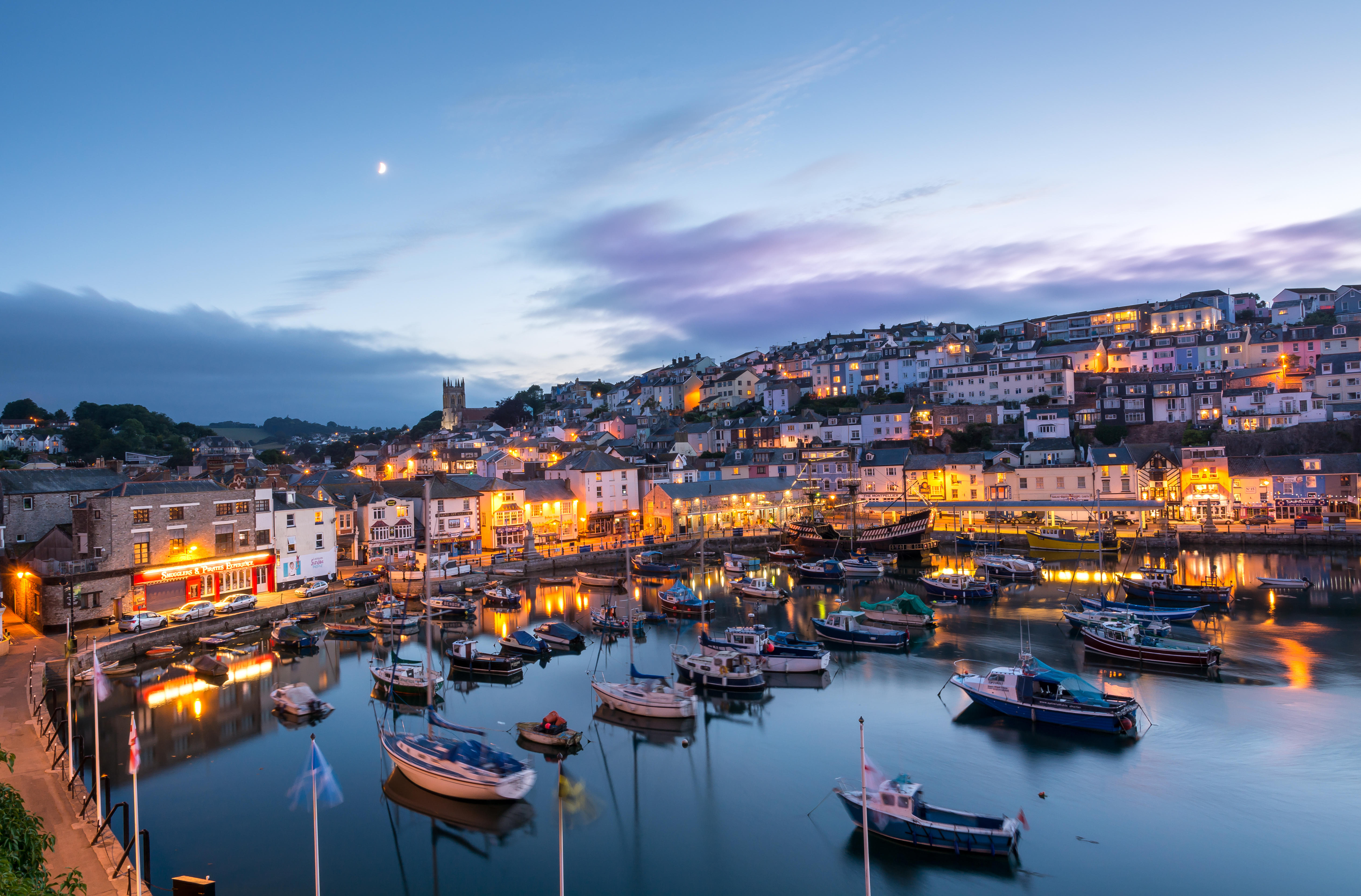 A beautiful evening dusk view over a quaint English village and harbour