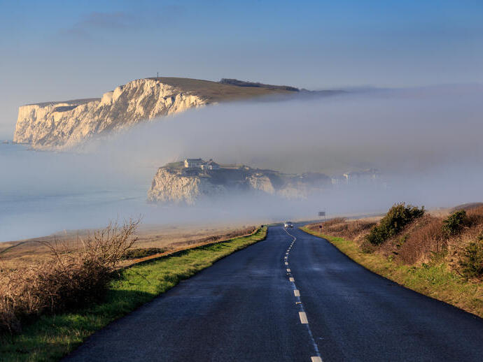 Freshwater Bay on the Isle of Wight with atmospheric coastal fog