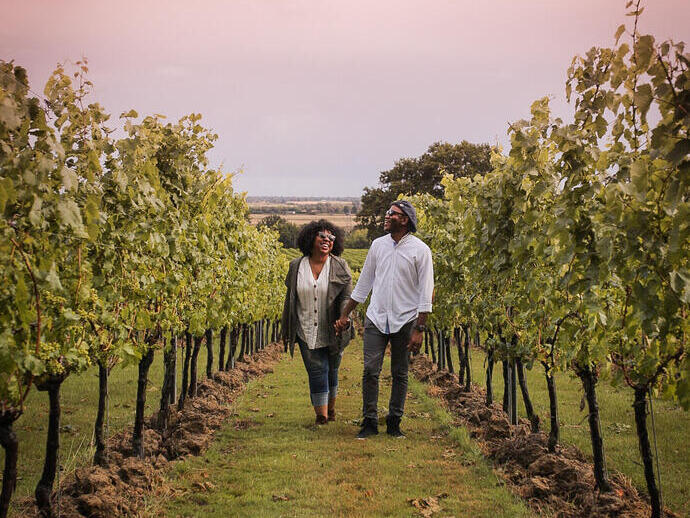 Man and woman walking between rows of vines at a vineyard