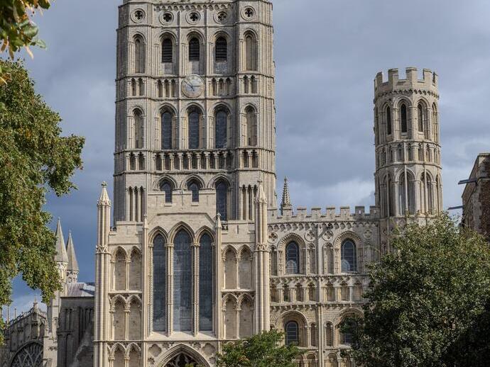 Large historic cathedral with intricate architecture, tall towers, and a cannon in the foreground, surrounded by trees and cloudy sky.