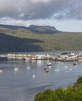 Wide view of sailboats in a harbour, mountains in the background