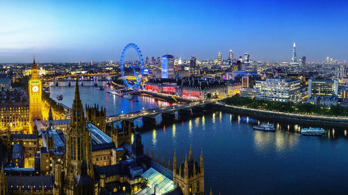 Panoramic view of landmarks at night. London lit up