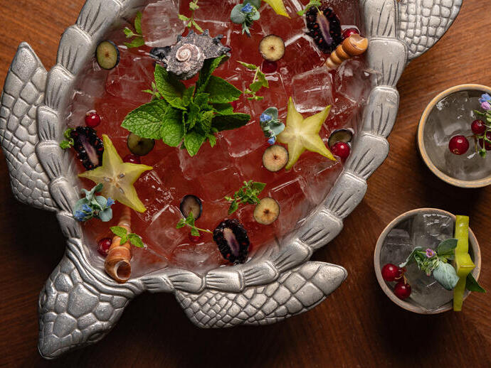 A tequila punch to share served in a tourtoise-shaped bowl