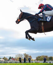 A horse and rider leaping over a fence at Wetherby Racecourse