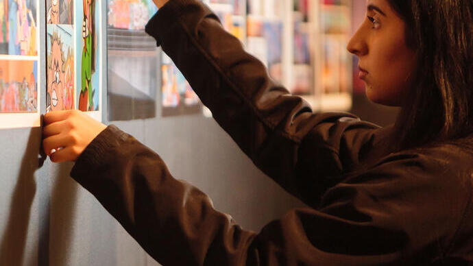Woman arranging display in a museum