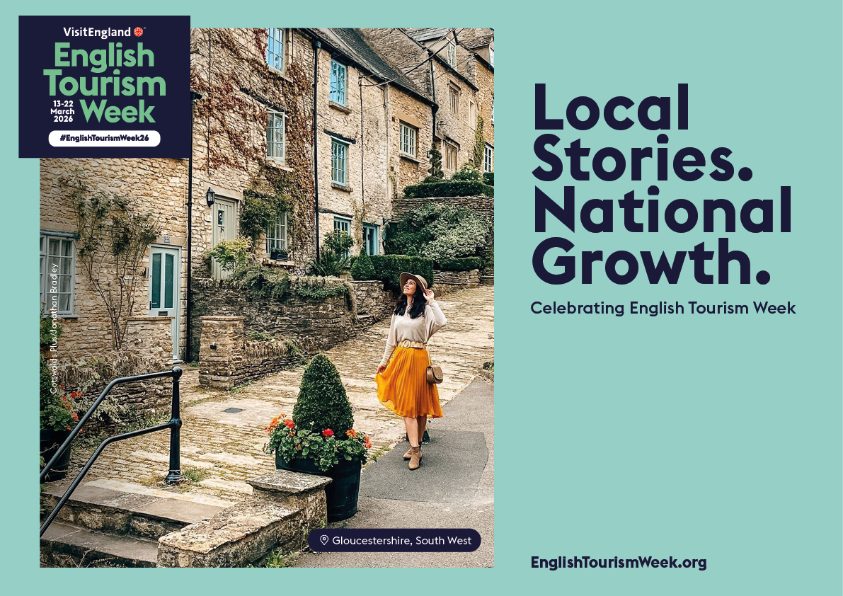 Stone cottages line a steep street in Gloucestershire, with a visitor walking. Promotional text highlights English Tourism Week 2026 and tourism growth.