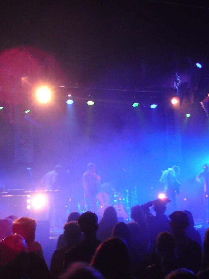 A band performing on stage at concert venue