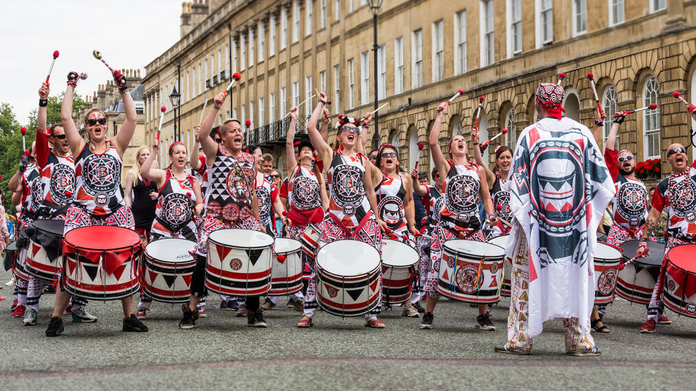 Band playing drums and singing at Bath Carnival