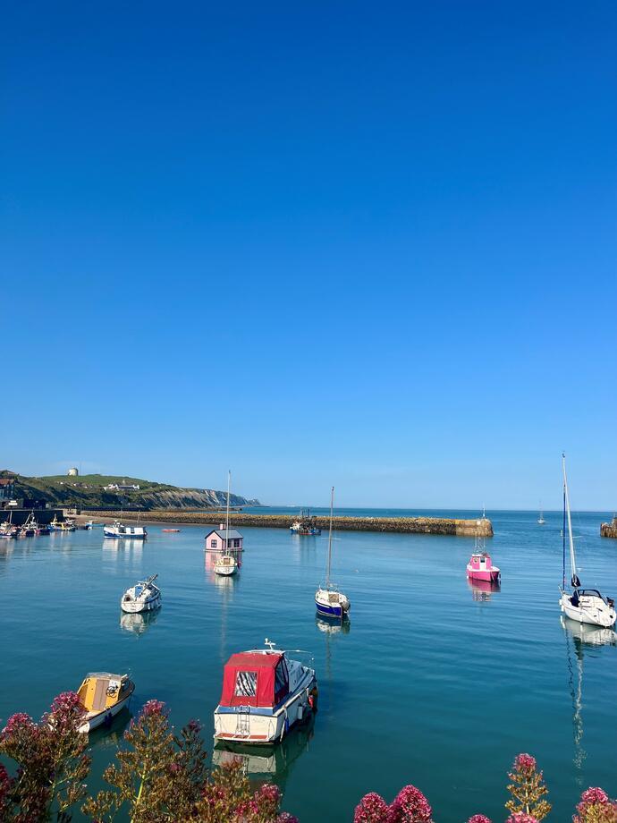 Small boats float in a calm harbor with a clear blue sky, coastal cliffs, and distant houses visible on shore.