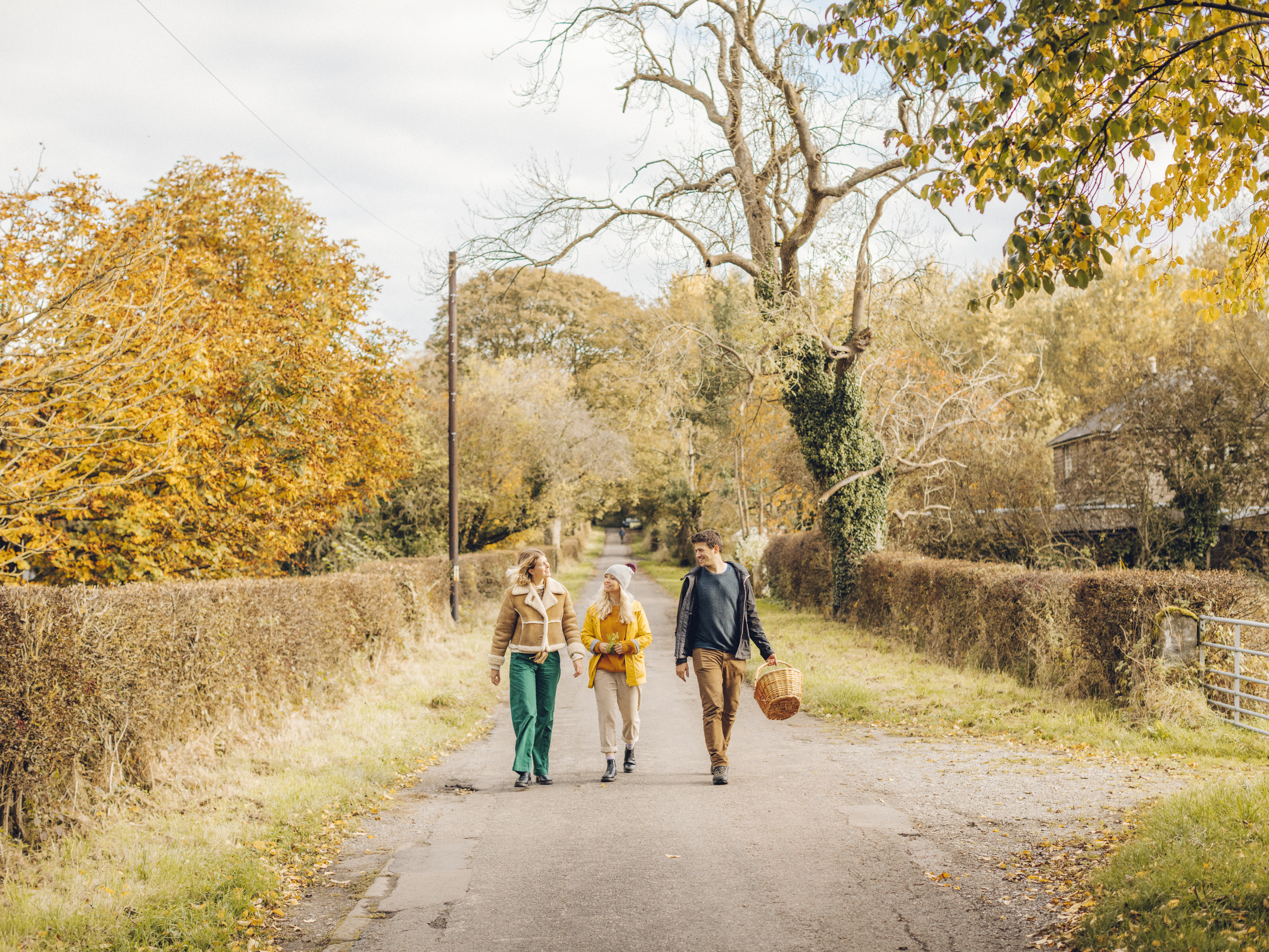 Two women and a man walking on a country lane in autumn