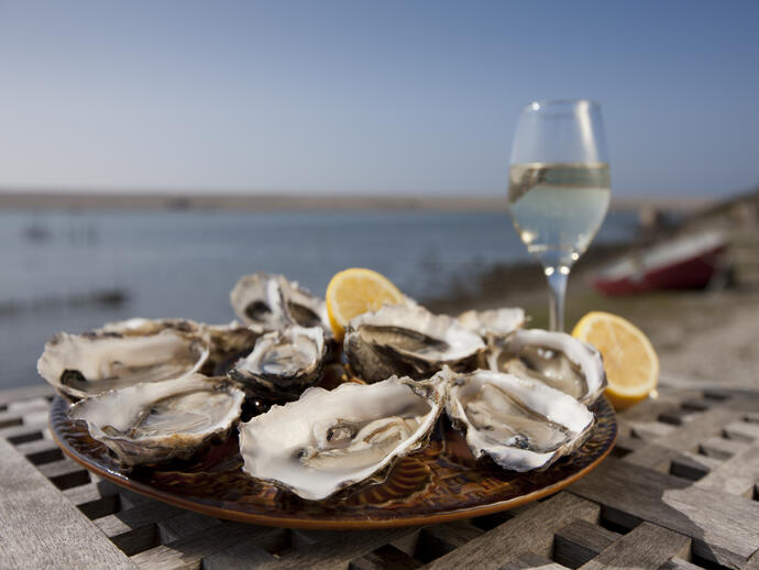 Plate of oysters and a glass of wine on a wooden table by the sea