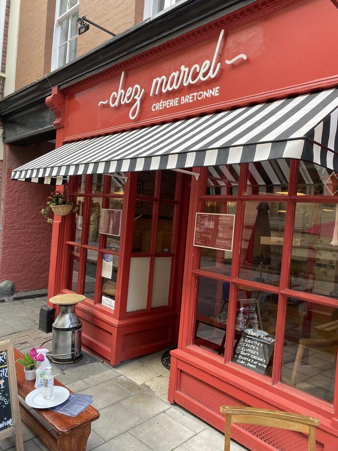 Front entrance to a French creperie.