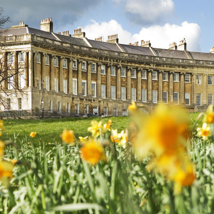 External view of regency style curved row of buildings with a field of blurred out daffodils in the foreground.