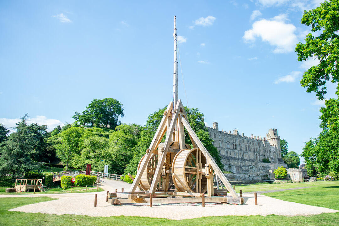 A historic trebuchet on display at Warwick Castle