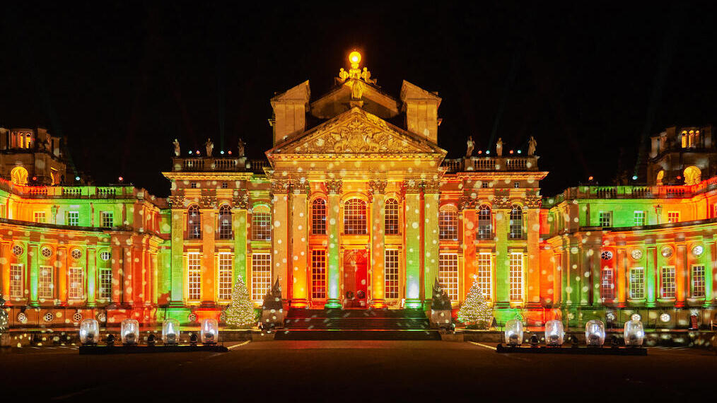 Festive Christmas lights shining onto Blenheim Palace