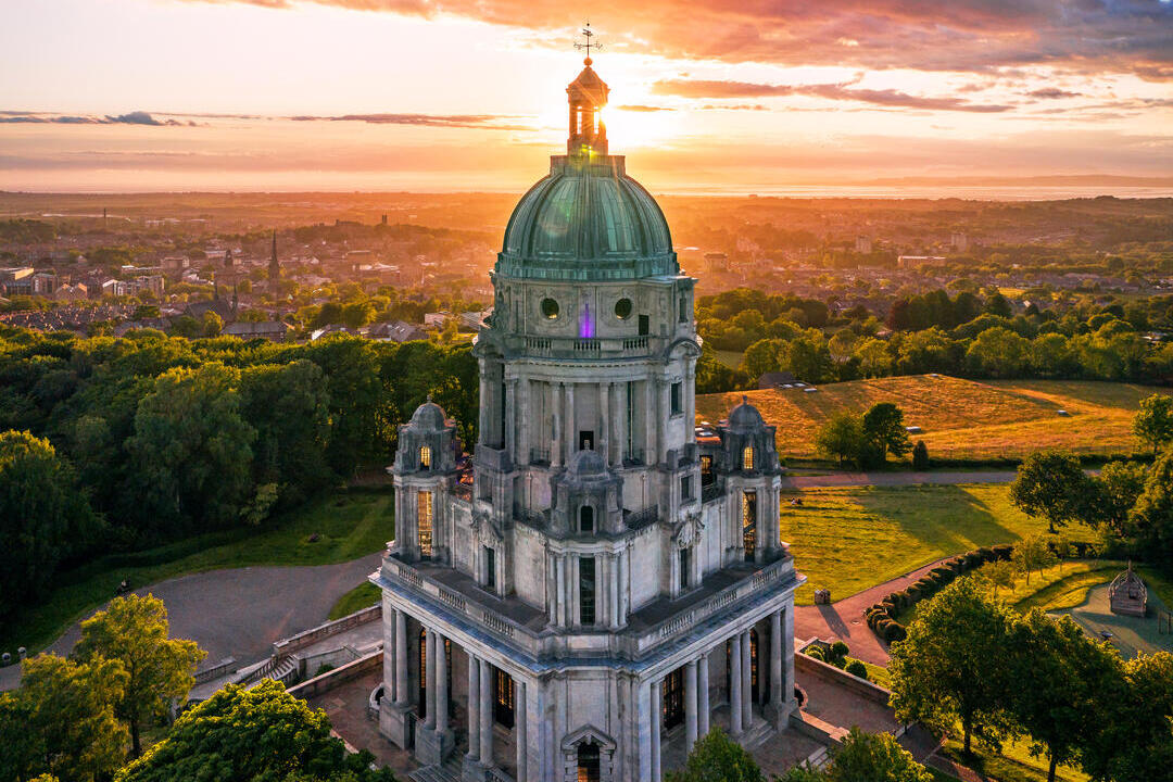 Ashton Memorial, Lancaster from the air looking out across Morecambe Bay