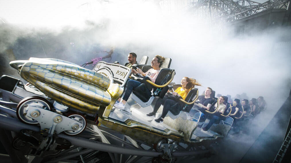 People riding Icon rollercoaster at Blackpool Pleasure Beach.