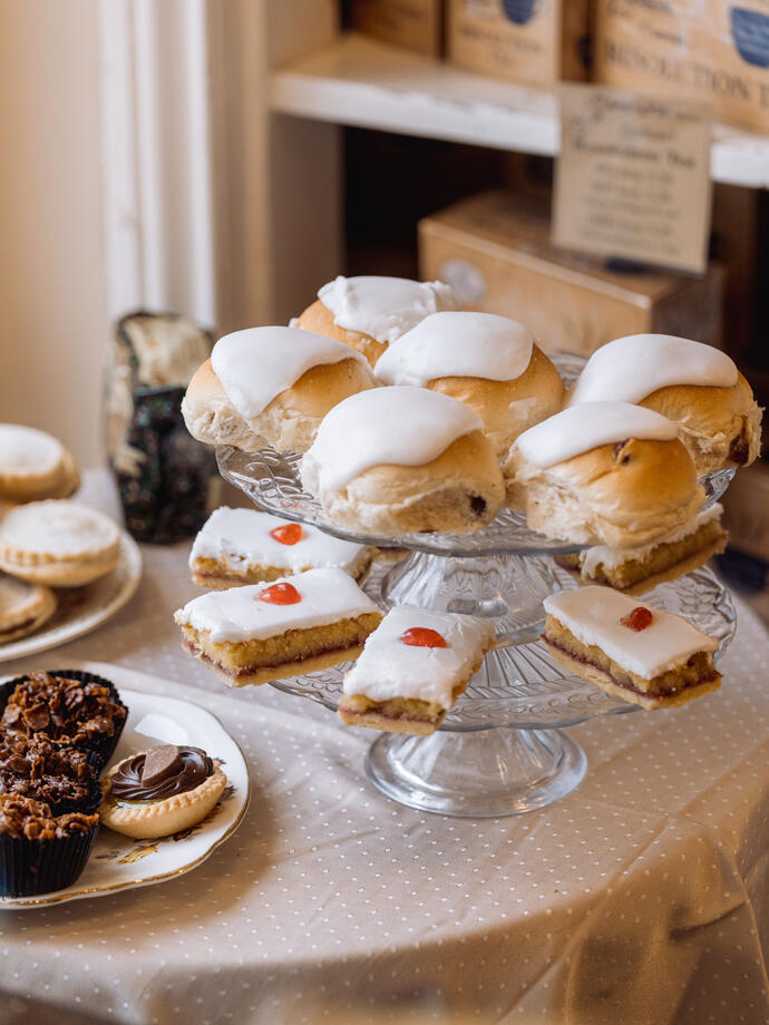 Traditional Lemon Buns on display in Bothams Bakery.