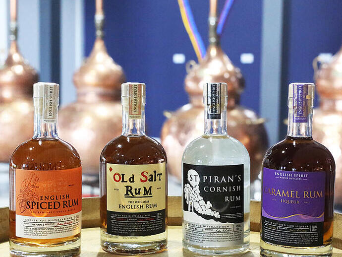 Bottles of Cornish Rum lined up on a table