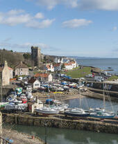 Un petit port avec de petits voiliers et quelques maisons par une journée ensoleillée.