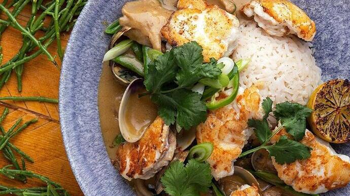 Vue aérienne d'un plat au restaurant The Old Boathouse, dans le Northumberland